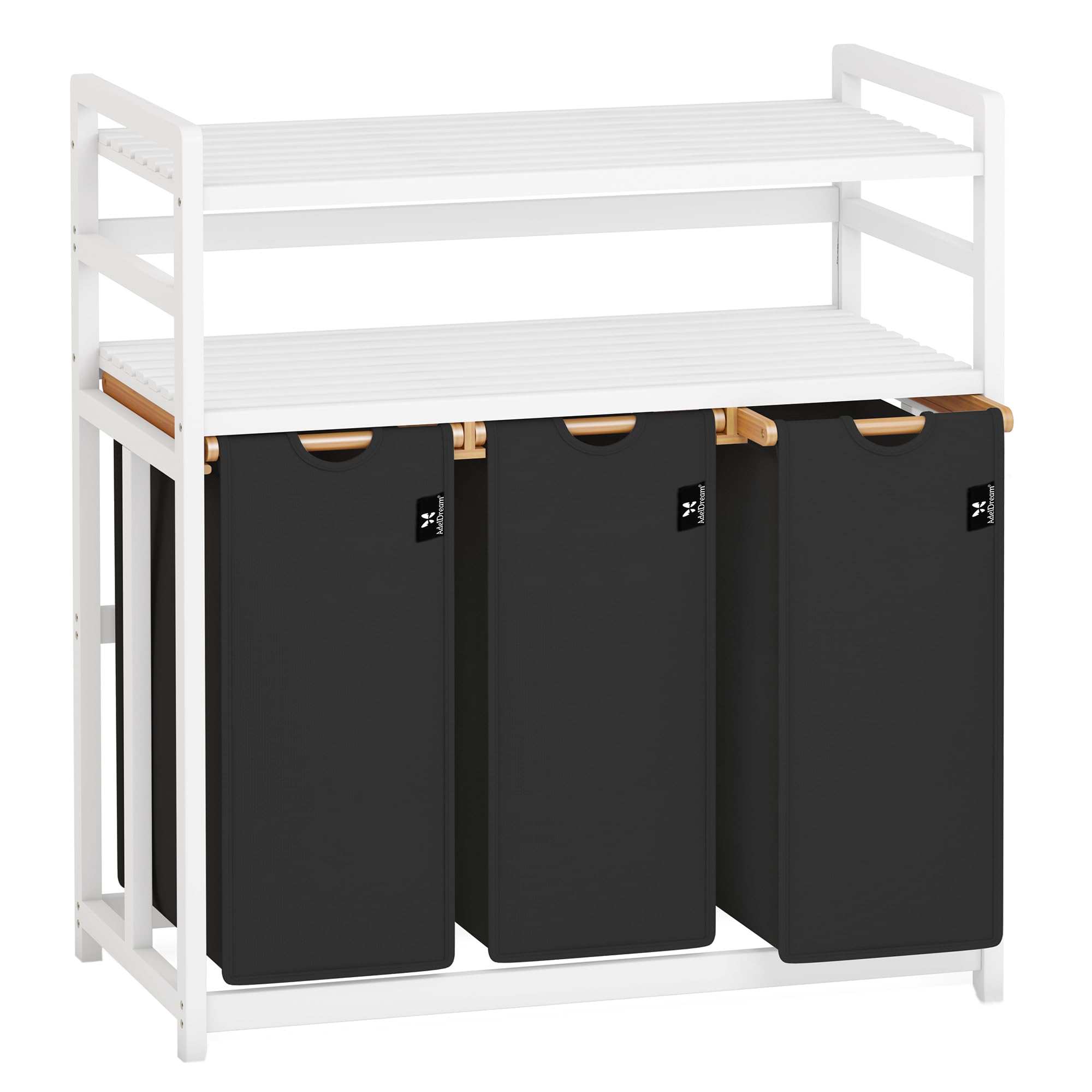 AdelDream Laundry Basket, 150 L, 3 Compartments, Laundry Hamper, 2 Shelves, Bamboo