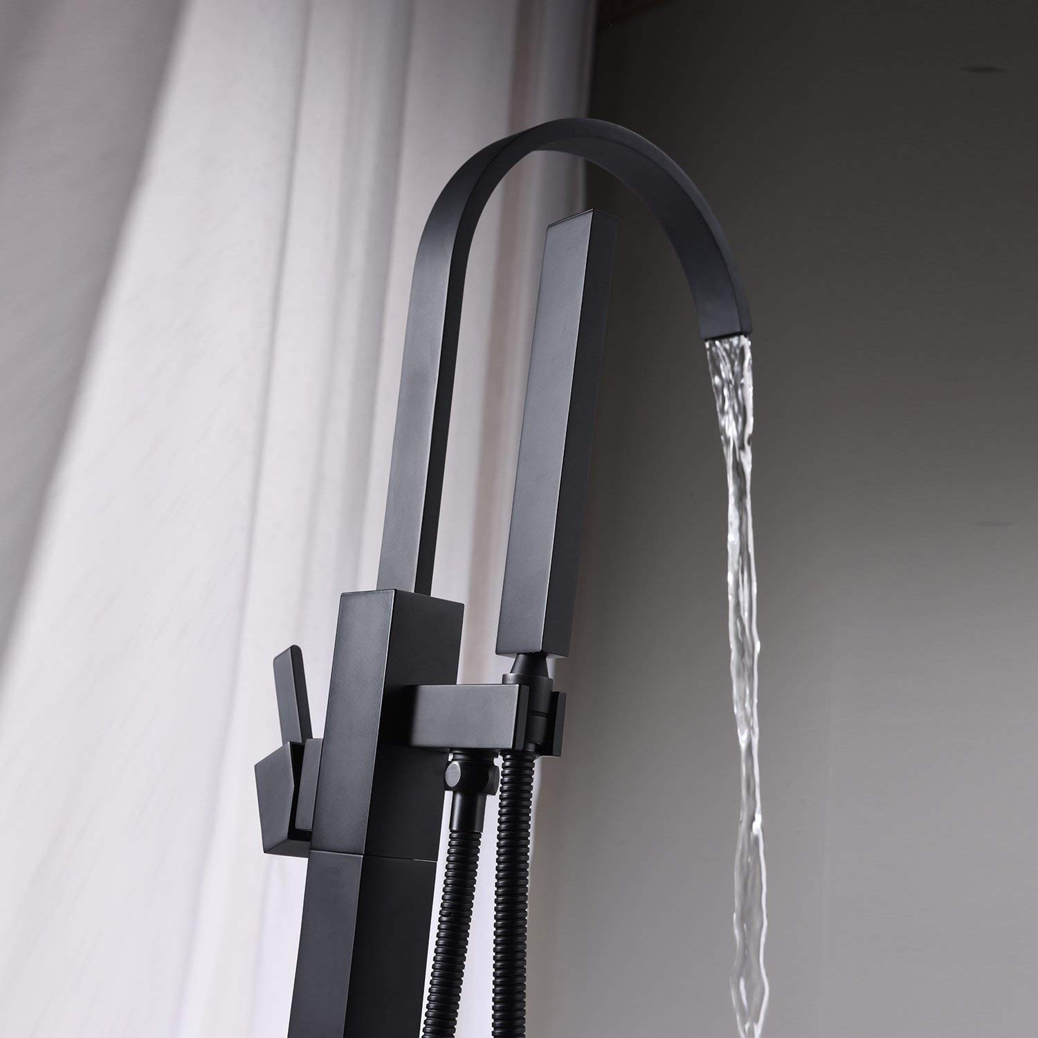 Set Doccia, Miscelatore Doccia a Pavimento Contemporaneo con valvola in Ceramica, Maniglia Singola, Foro Singolo, Nero Opaco, Miscelatore per Vasca da Bagno a Pavimento