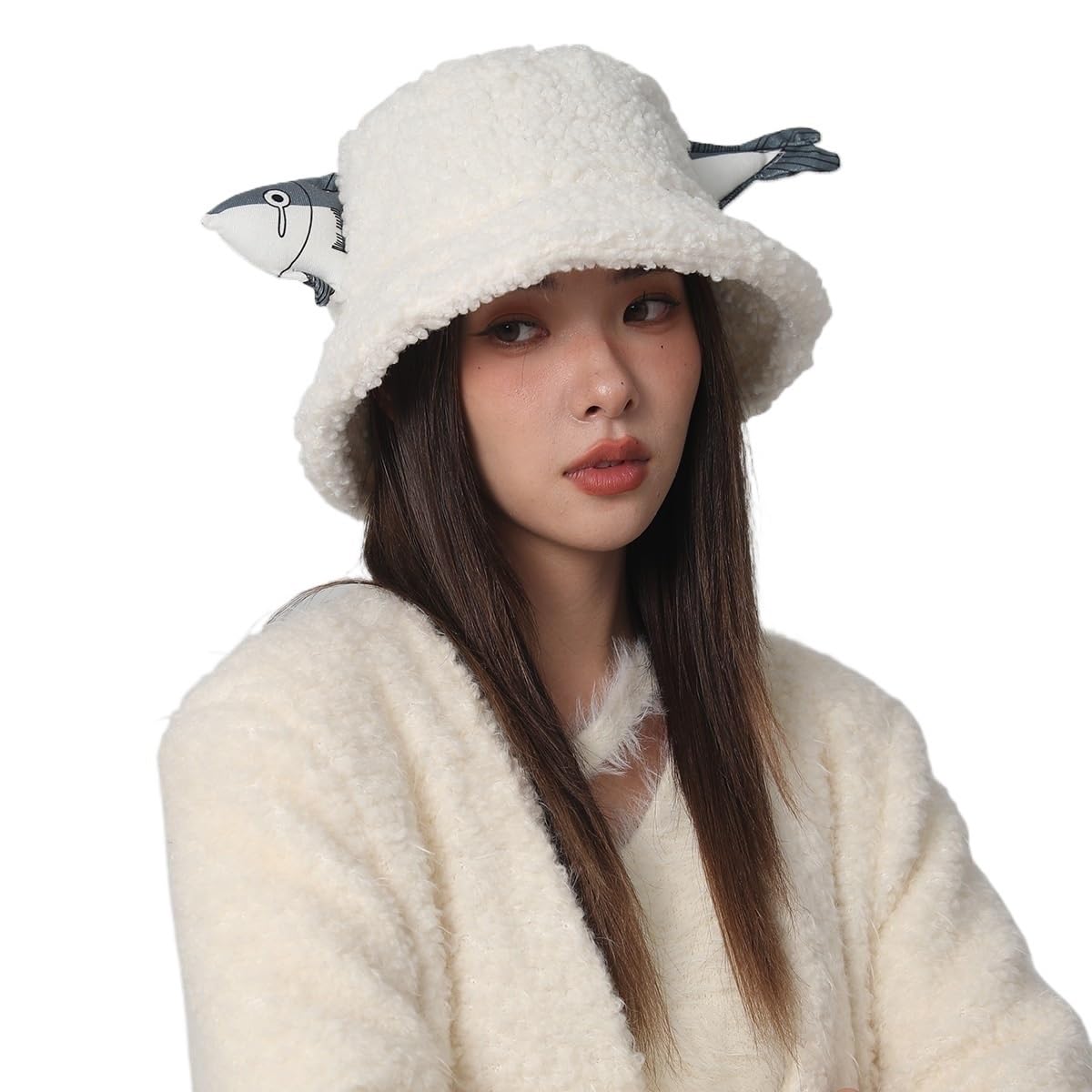 Casquette de pêcheur en peluche mignonne et moelleuse blanche motif poisson créatif