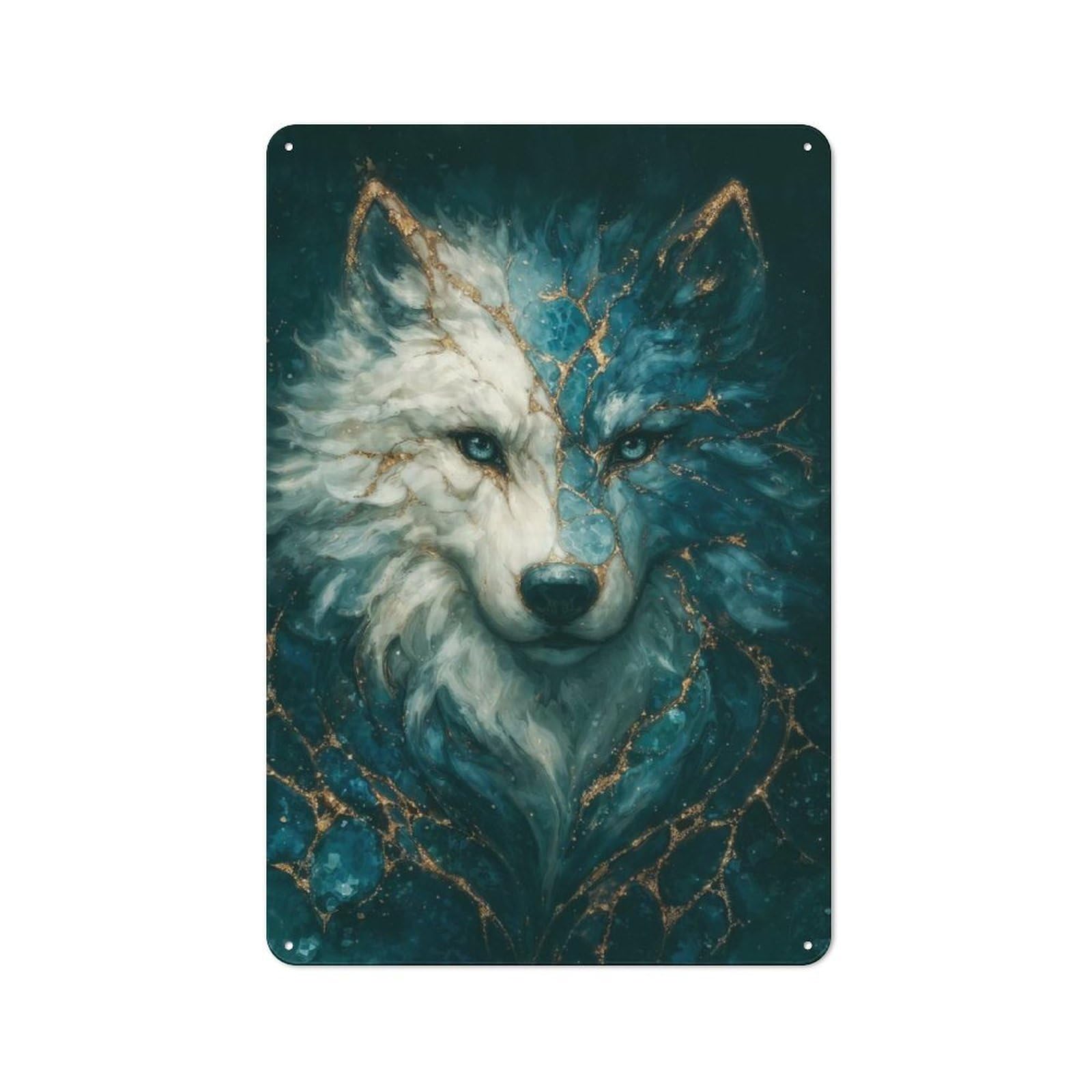 Junmoney Kintsugi Wolf Spirit In Blue And Gold Retro Metal Wall Sign 30X20cm For Garage Or Workshop, For Kitchen, Dining Room And Home Bar Wall Decor