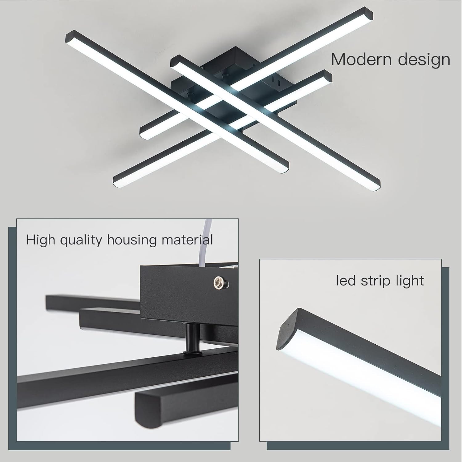 Modern Black LED Ceiling Light Fixture, 25.6 Inch 30W Flush Mount Ceiling Light for Bedroom ‎Kitchen Living Room Dining Room Hallway, Cool White, 4 Lights, No Remote, No Dimmable