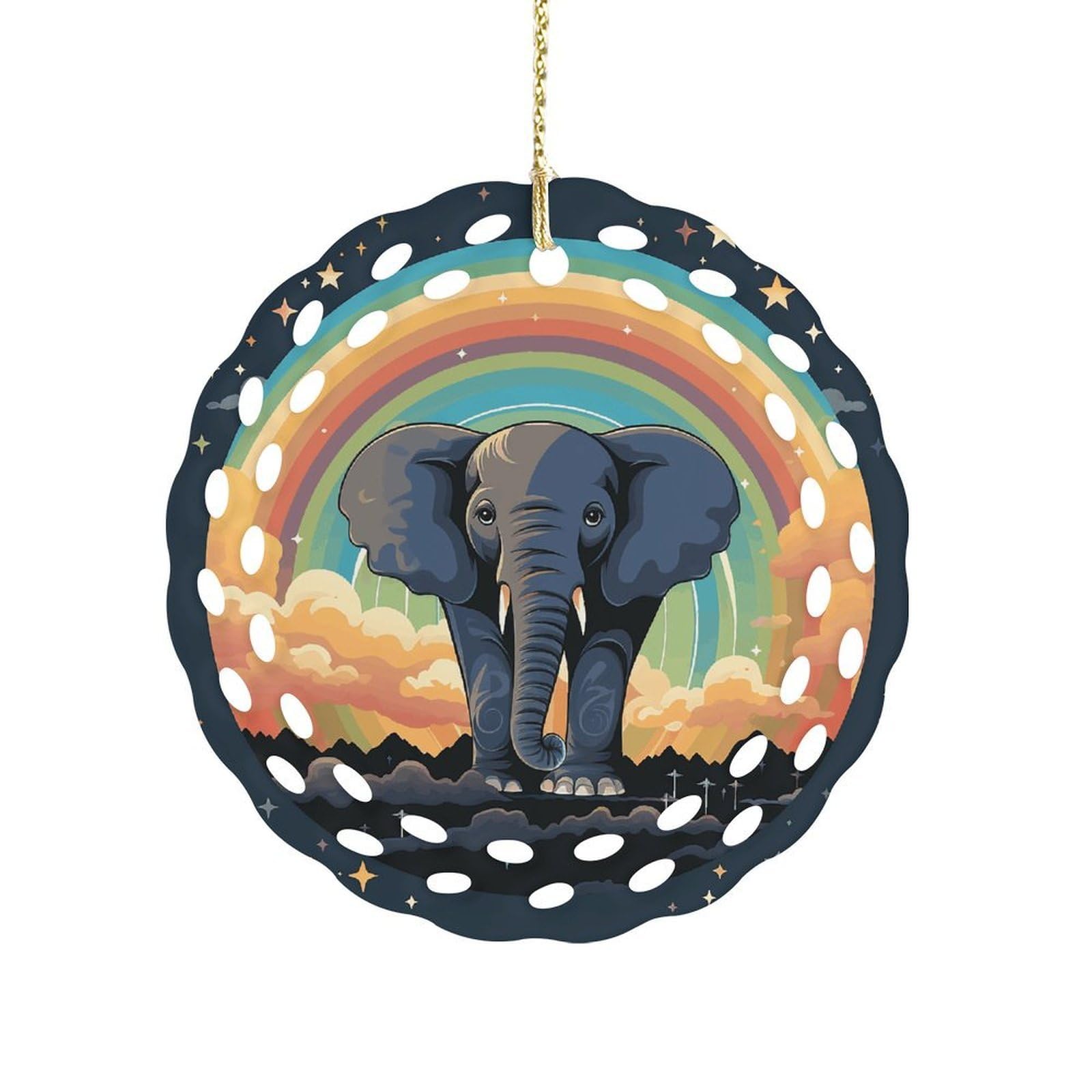 Btcowzrv Style A Cute Elephant On A Rainbow Background Ceramic Ornament,Round Ornaments With Hole Easy To Hang,Hanging Ornament For Wedding Party Home Window Garden Christmas Day Decor