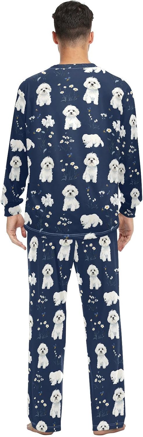 Couple Matching Pajamas Sets Beauty Maltese Dogs Navy Blue PJs for Men Women Two Piecing Set Pijamas image 2