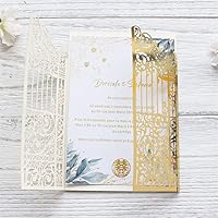 Vista 6 de MillaSaw Invitación de puerta dorada metálica para boda, matrimonio, quinceañera, sirena, aniversario, 25 juegos (oro metálico, 4.9 x 7.1 pulgadas)