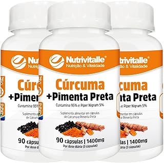 3 Curcuma +Pimenta Preta Curcumina 95% +Pipper Nigrun 5% 1400mg Nutrivitalle 90 Cápsulas