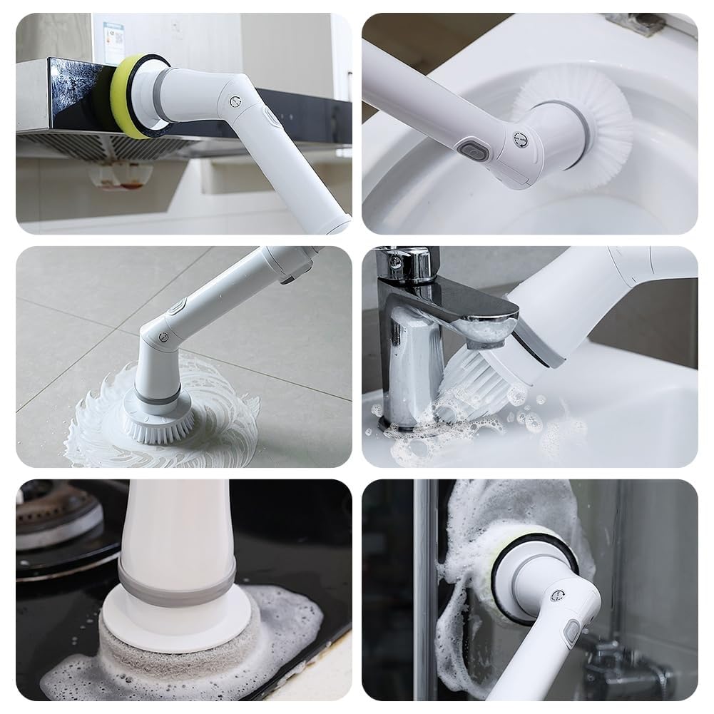 Fregadora Giratoria Eléctrica Cepillo De Limpieza Turbo Giratorio Multiusos Inalámbrico Con Brazo De Extensión Ajustable 6 Cabezales De Limpieza Reemplazables Suministros De Limpieza For El Hogar