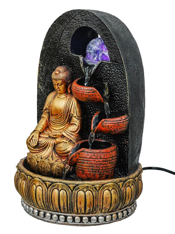 Image of Golden Brown Polyresin Tabletop Buddha 4 Step Indoor Water Fountain for Home Decor with LED, Speed Control Pump (Size: 24 x 18 x 36 CM | Weight: 1740Gram)