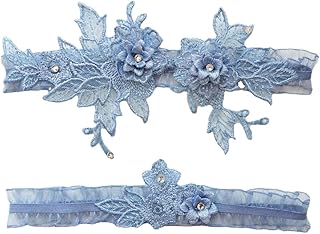 Hrlace 2 Stück Strumpfband Set Hochzeit Brautstrumpfband Stickerei Spitze Blumen Strumpfbänder Sexy Stretchy Schenkel Band Schenkel Ring für Damen Mädchen Braut Hochzeit Zubehör Blau XL