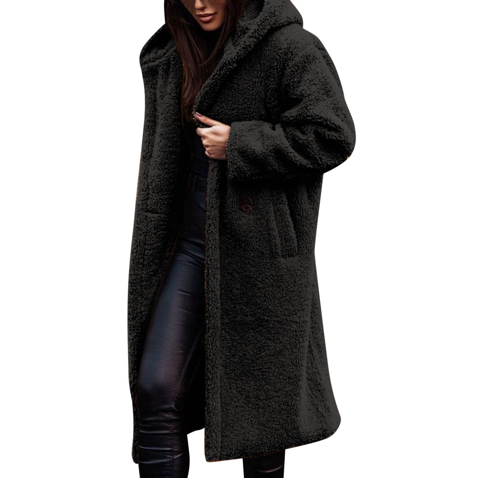 Fleece-Jacken für Damen, Winter, warme Plüschmäntel, langärmelige Jacken mit Kapuze, lang, Sherpa-Fleece gefüttert, Parka, Jacken, Outdoor, Walking, Pelzmantel, lässig, einfarbig, mit Tasche