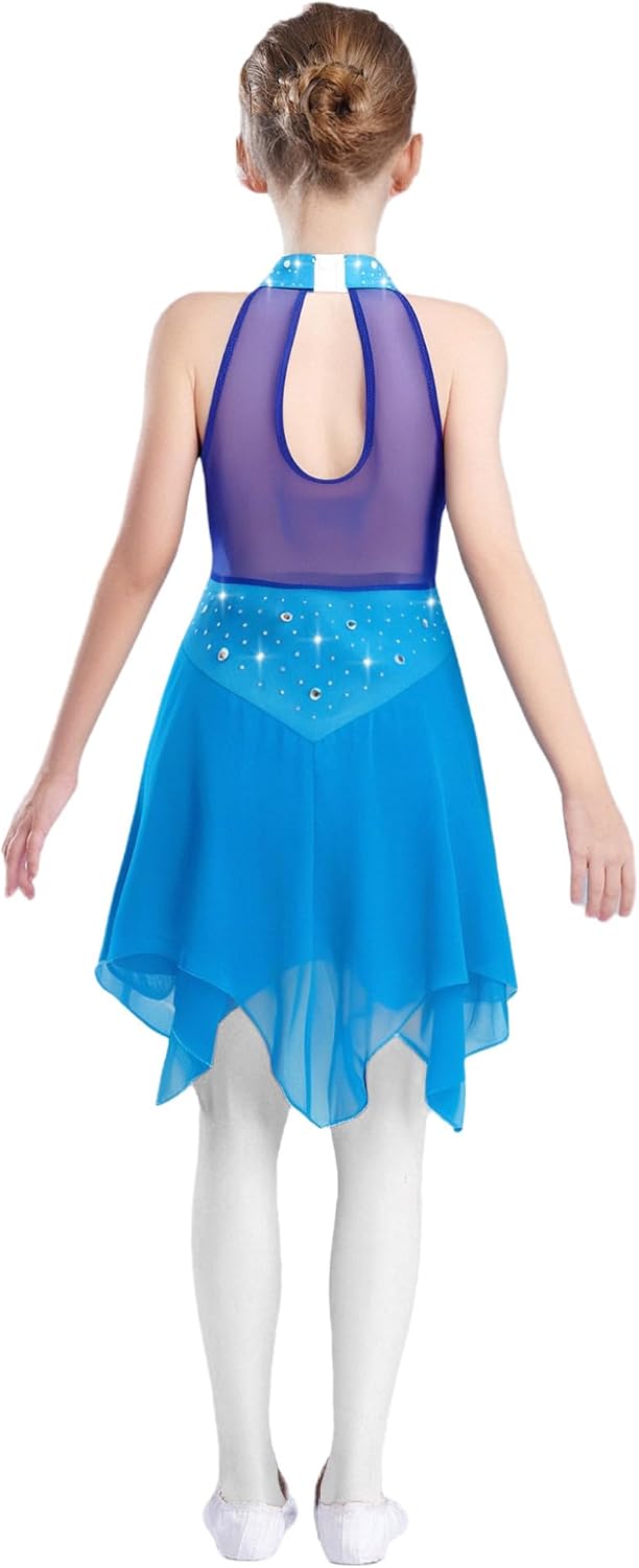 Oyolan Kids Lyrical Dance Bodysuits Shiny Rhinestones Metallic Mesh Bodice Sleeveless Keyhole Back Chiffon Skirt Dress