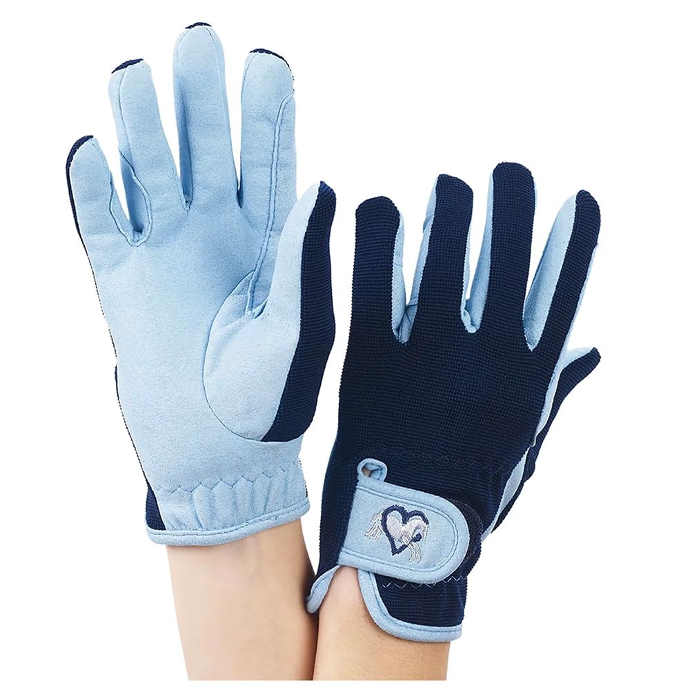 Ovation Child Heart & Horse Gloves,Sky Blue/navy Trim,size B 12-14