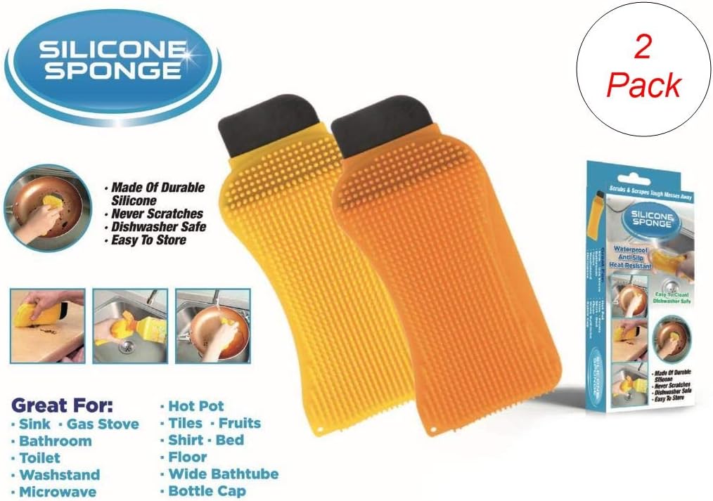 Dependable 2 Pack 3-in-1 Silicone Sponge Reusable Durable Long Lasting Scrubber Scraper (Multicolour)