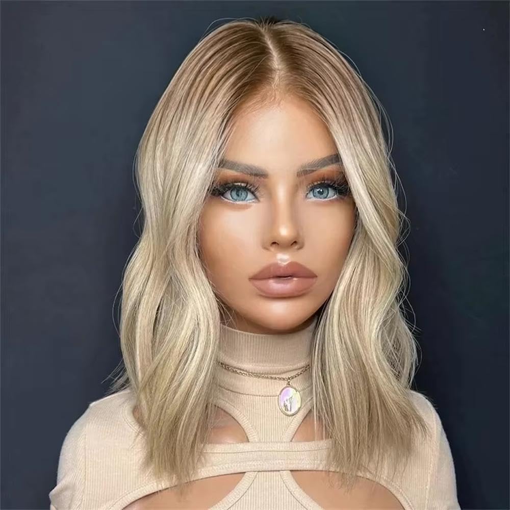 Haarpflege Goldblonde Kurze Bob-Schulterperücke Mit Highlights 13 X 4 Ohne Kleber