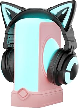 YOWU RGB Cat Ear Headphones CE Black and Crystal Headphone Stand Pink, Accessories for The Ultimate Experience