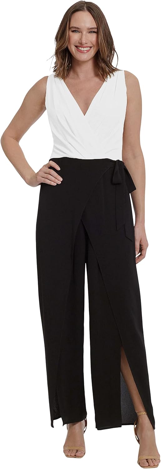 London Times womens Sleeveless Wrap Look Jumpsuit With Front Leg Slit Openings