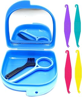 Oral Care Disassembly Kit/7pcs Including 1 Retainer Case With Mirror and Vent Holes | 1 Aligner Remover Tool | 4 Elastic Rubber Bands Placers | 1 Cleaning Brush (Blue)