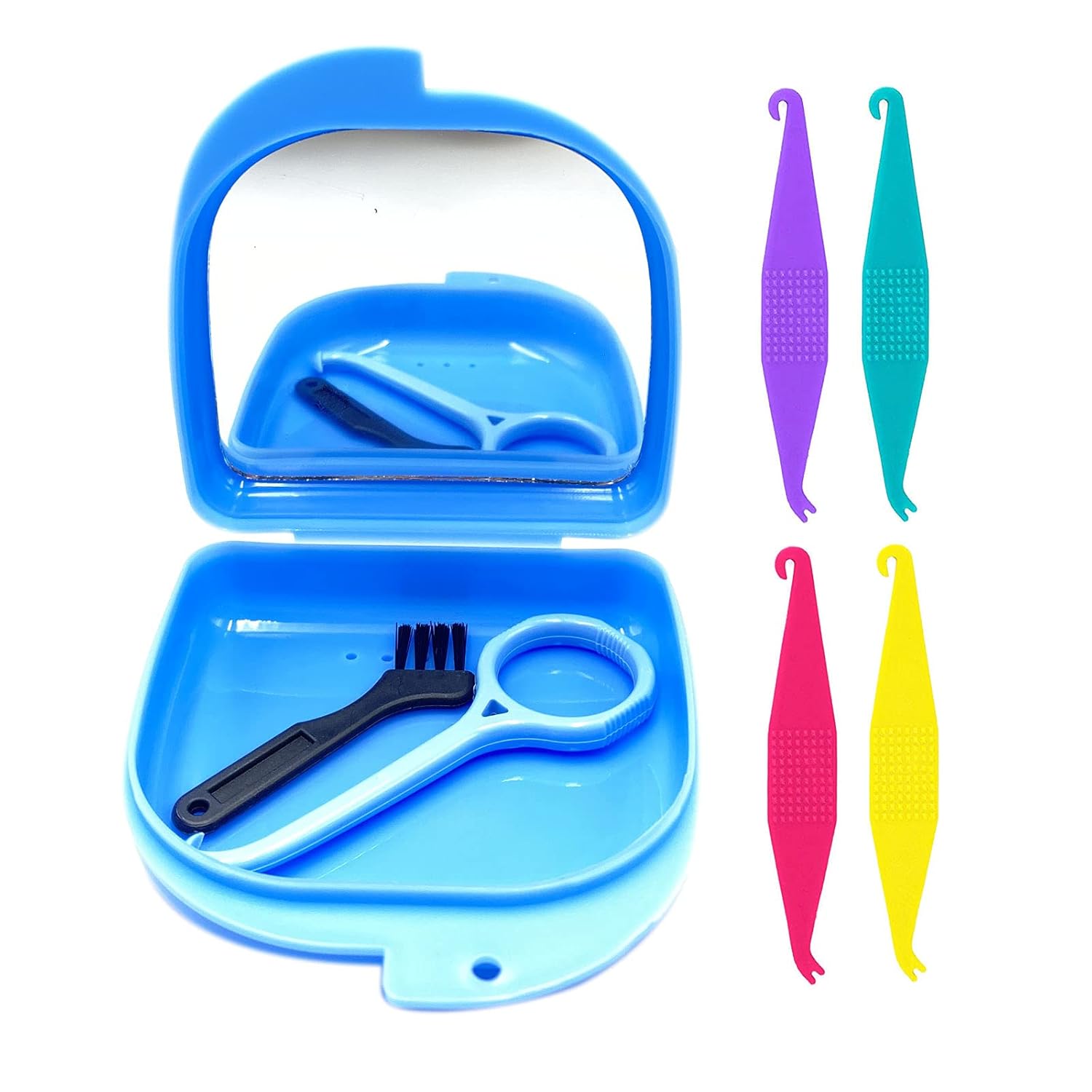 Oral Care Disassembly Kit/7pcs Including 1 Retainer Case With Mirror and Vent Holes | 1 Aligner Remover Tool | 4 Elastic Rubber Bands Placers | 1 Cleaning Brush (Blue)