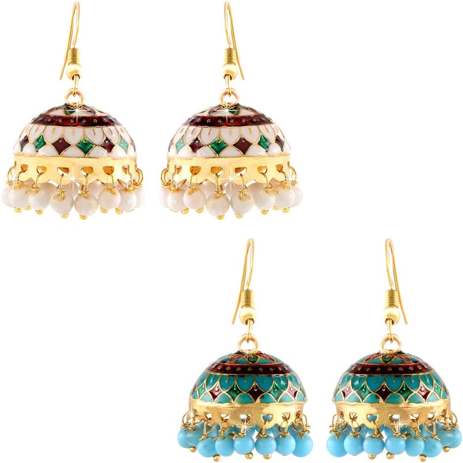 Multicolour Copper Handcrafted Meenakari Craftsmanship Traditional Jhumka/Jhumki Earrings for Women and Girls (Combo 2 Pairs)