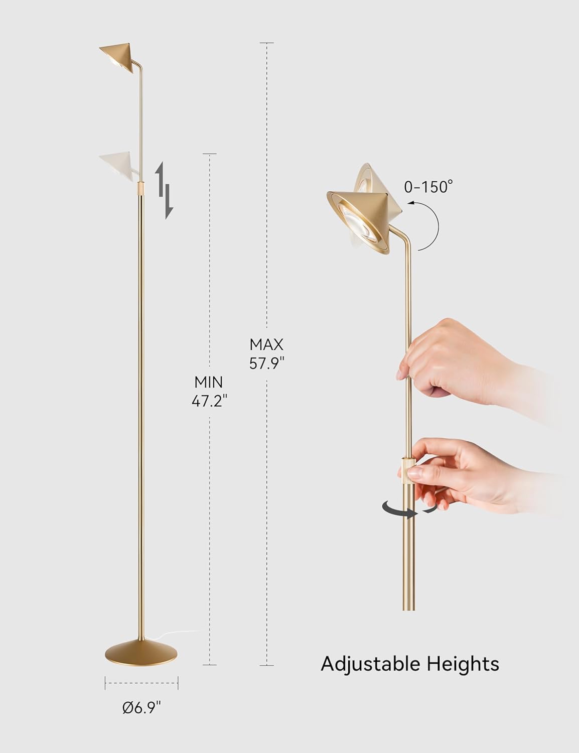 Tubicen Gold Floor Lamp, Flexible Up and Down Rotateble 150 Degree, 3-Stage Touch Dimmable LED Corner Floor Lamp for Bedroom, Adjustable Heights, Modern Standing Lamp for Reading, Sewing, Crafting