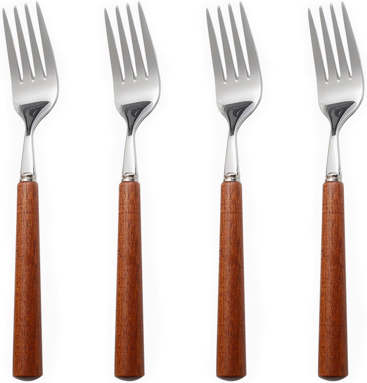 Wooden Handle Stainless Steel Flatware Set, Metal Forks for Home Kitchen Restaurant Hotel, Polish Forks Silverware With Brown Handle, 7.7 Inch 4 Pcs