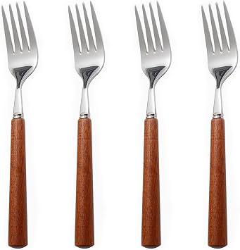 Wooden Handle Stainless Steel Flatware Set, Metal Forks for Home Kitchen Restaurant Hotel, Polish Forks Silverware With Brown Handle, 7.7 Inch 4 Pcs