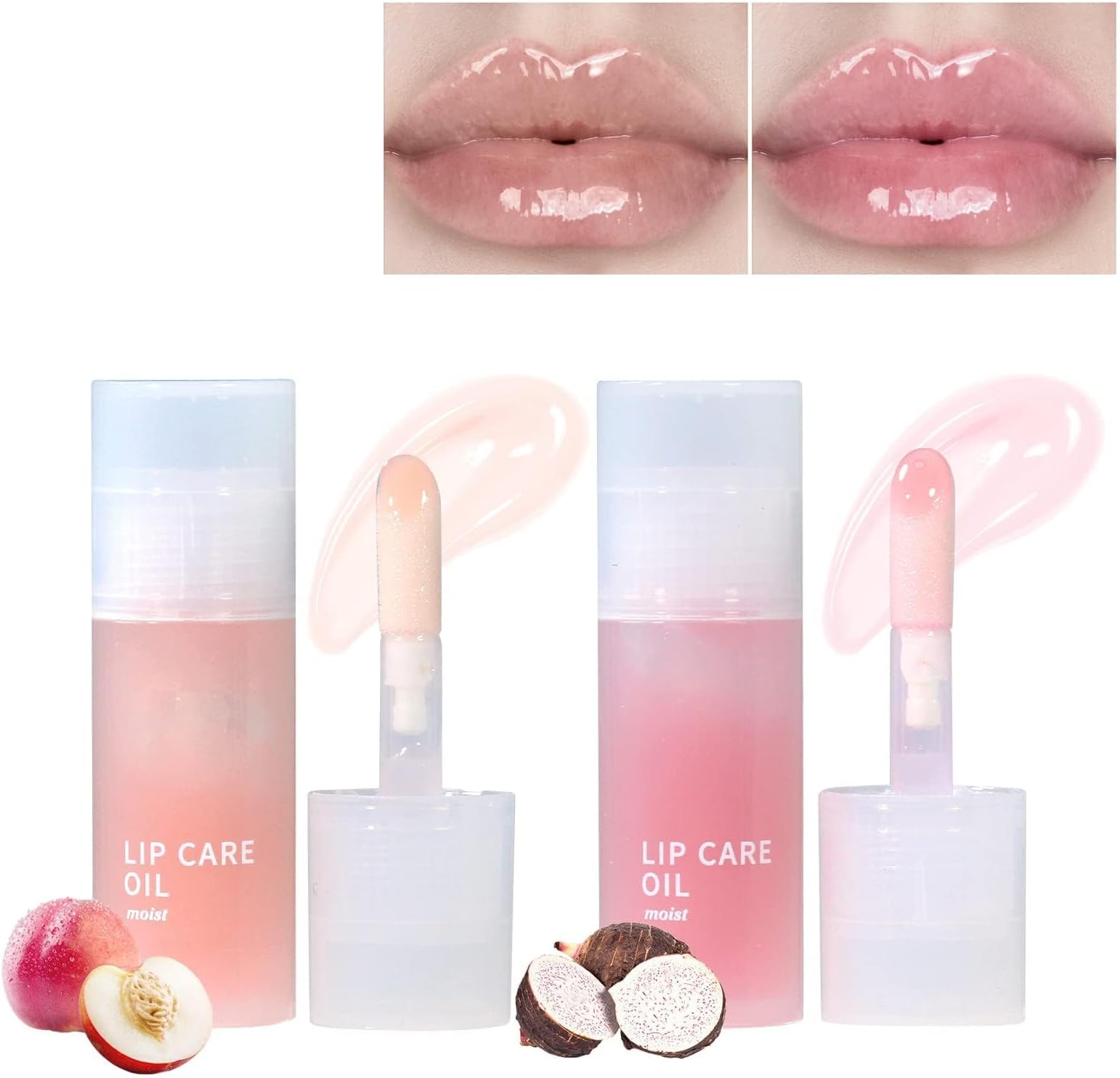 2Pcs Hydrating Lip Glow Oil, Moisturizing Gloss - Non-sticky Plumping Tinted Clear Gloss, Nourishing Repairing Reducing Lines (White Peach and Taro)