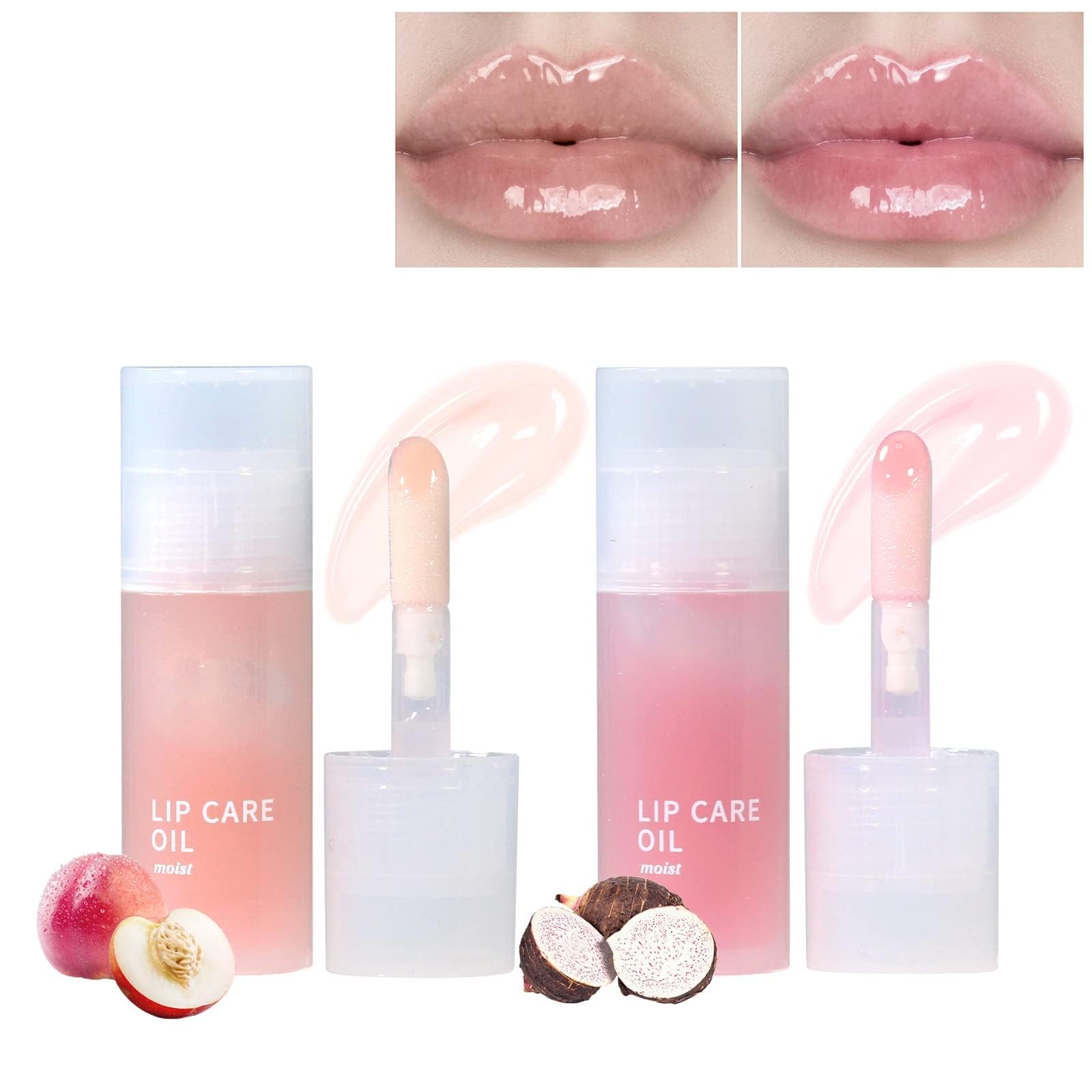 2Pcs Hydrating Lip Glow Oil, Moisturizing Gloss - Non-sticky Plumping Tinted Clear Gloss, Nourishing Repairing Reducing Lines (White Peach and Taro)