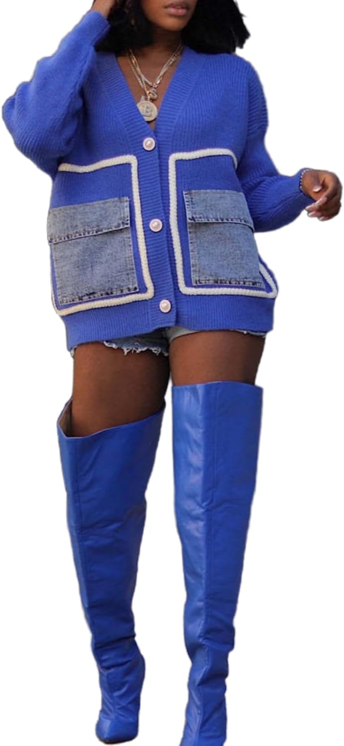 Vaceky Womens Cardigan Sweaters with Denim Pockets Oversized Button Down Open Front Chunky Sweater