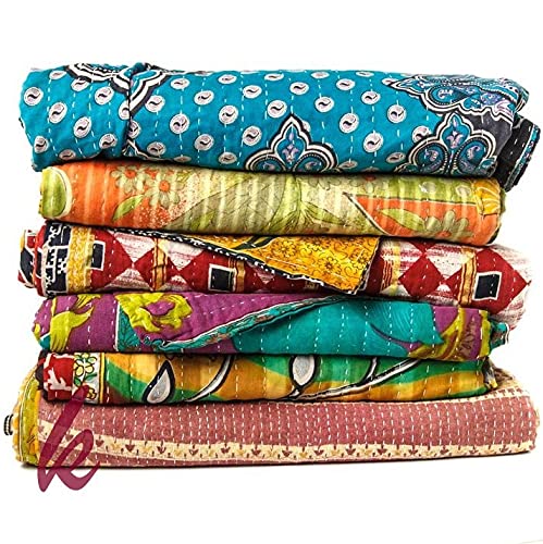 Lavish Indian Art 5 Pieces Mix Lot of Indian Kantha Quilts Cotton Bed Cover Throw Old Sari Made Assorted Patches Made Blanket