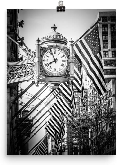 11x17 Inch Black and White Chicago Poster: Unframed Photo Paper Print, Macy s Clock Print, Marshall Fields Picture, Building Architecture Photo, Illinois Home Decor, Vertical Portrait Artwork Poster