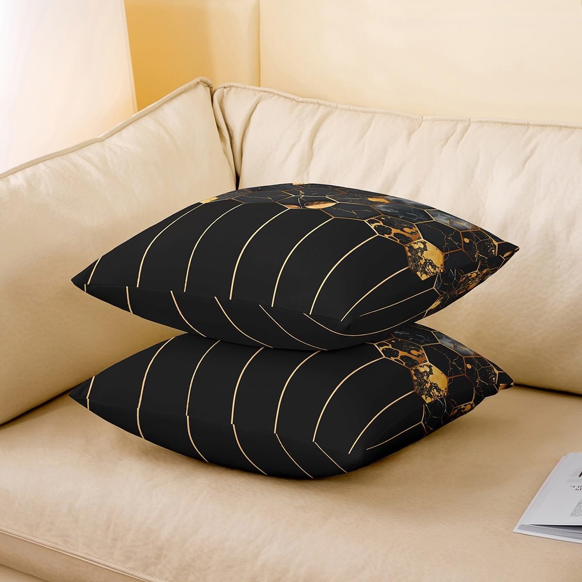 Marble Throw Pillow Covers 24x24 Set of 2, Black Grey Geometric Gold Plaid Cushion Covers, Modern Diamond Decorative Accent Pillow Cases Metallic Stripe Beehive Hexagon Grid Pillow Covers,Honeycomb