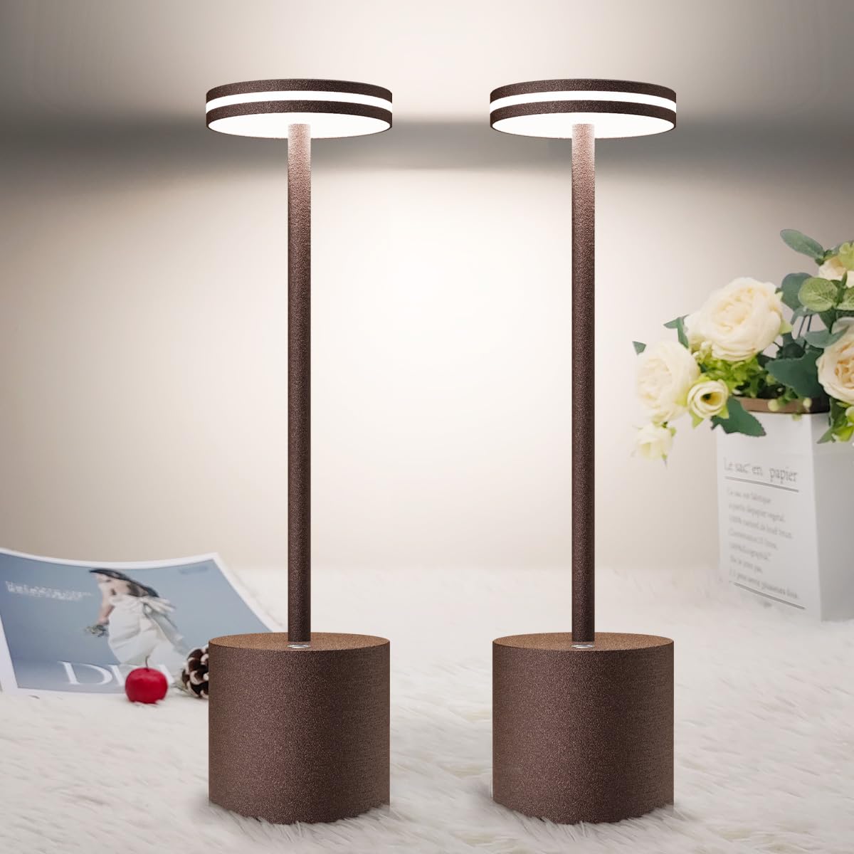 2Set LED Tischlampe, 5000mAh Tischleuchte Akku, Dimmbar, Aluminium | 3 Farbtemperatur, Moderne, Aufladbar Tischlampen für Outdoor Indoor Nachttisch Esstisch Terrasse Bar Rost