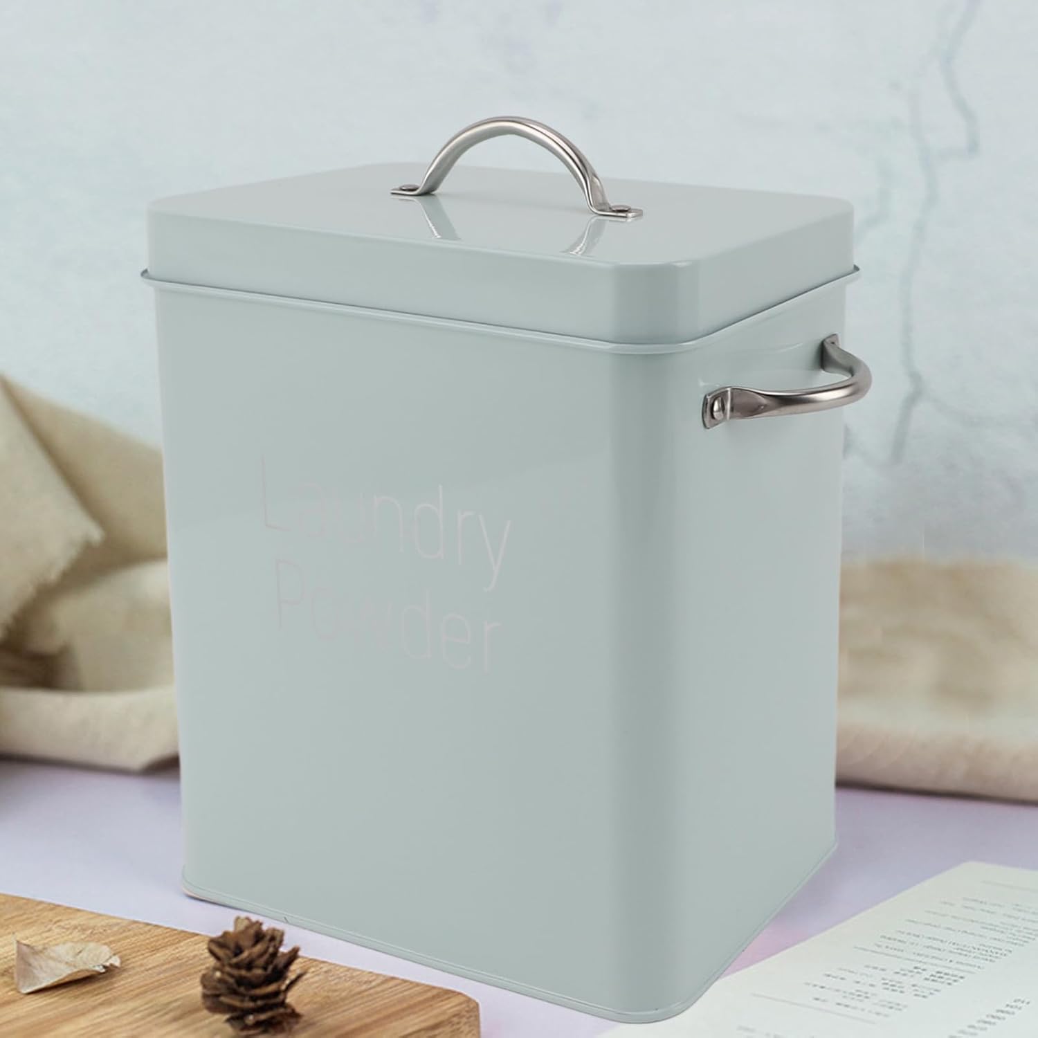 Metal Laundry Detergent Container, Laundry Pods Container with Spoon and Lid, Soap Pod Holder Storage Bin for Washing Powder Rice Dog Food (Light Green)