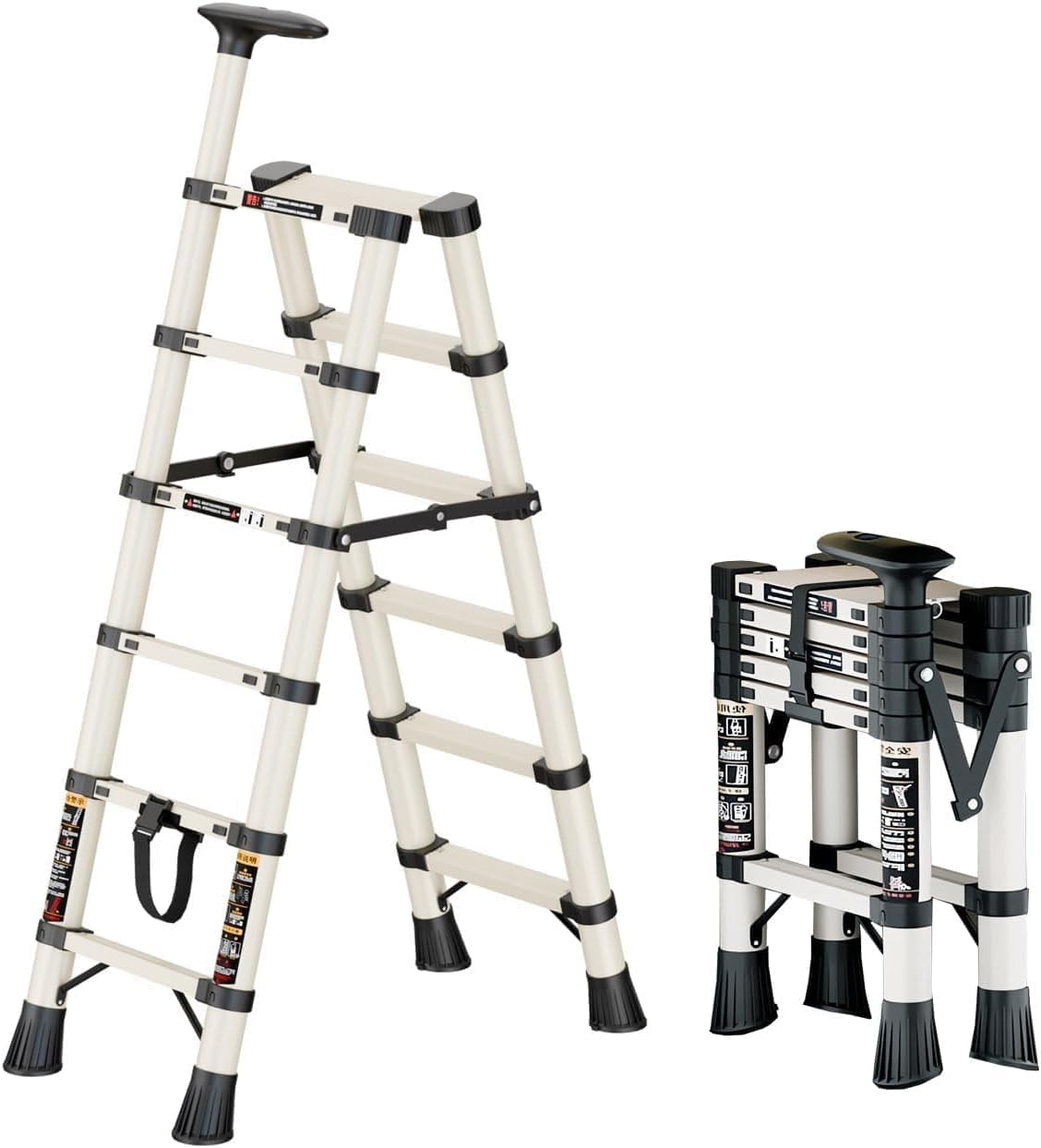 6 Step Ladder,Folding Ladder,Portable Step Tool with Handrail,Lightweight Telescopic Ladder Can Reached 12 Feet,Sturdy Carbon Steel Ladder for Adult,Safety Ladder for Outdoor (Black)