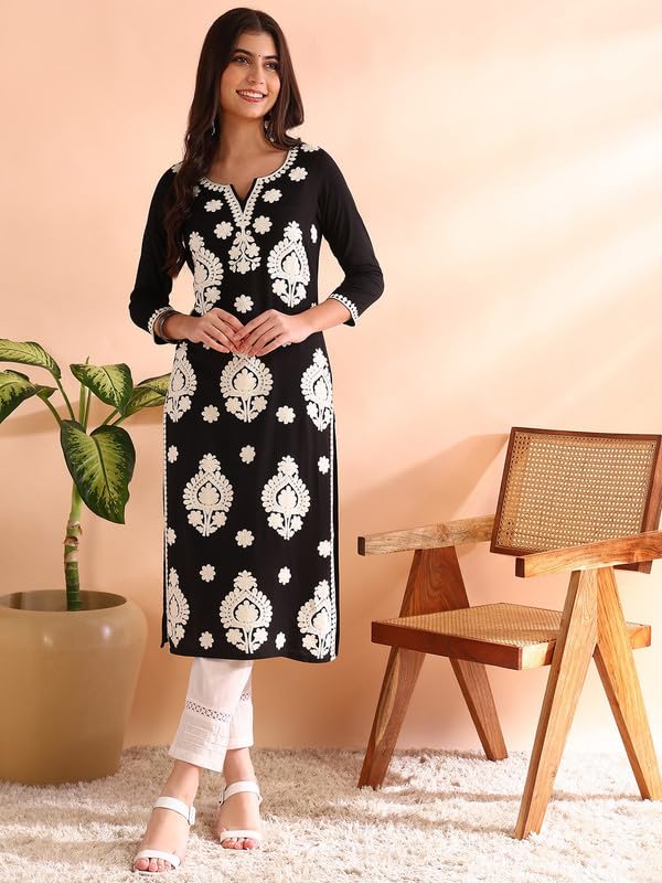 Image of Vaamsi Women's Viscose Rayon Solid Embroidered Straight Kurta | Chikankari Kurta for Women