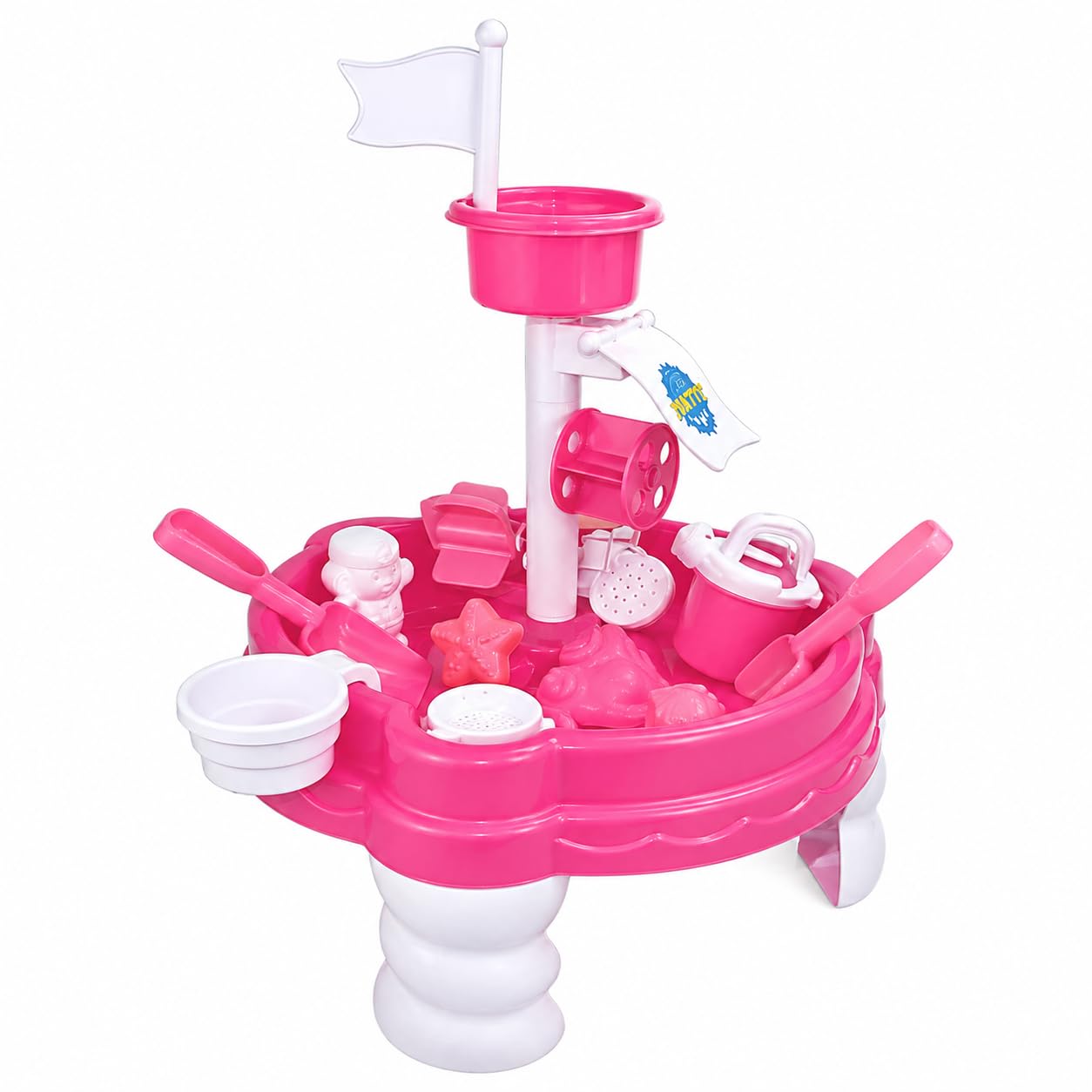 Kids Pink Sand and Water Play Table – 16 Piece Pirate Boat Themed Sensory Activity Set with Crows Nest, Spinners & Accessories – Indoor & Outdoor Toy for Children Aged 3+ – 58cm x 38cm x 38cm