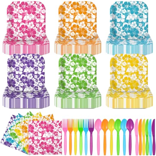 Nitial 240 Pcs Hibiscus Party Square Plates and Napkins Hawaiian Theme Tableware Set for Table Decoration Birthday Supplies Summer Tropical Luau Dessert Tray for Aloha Tropical Beach, Serve 48 Guest