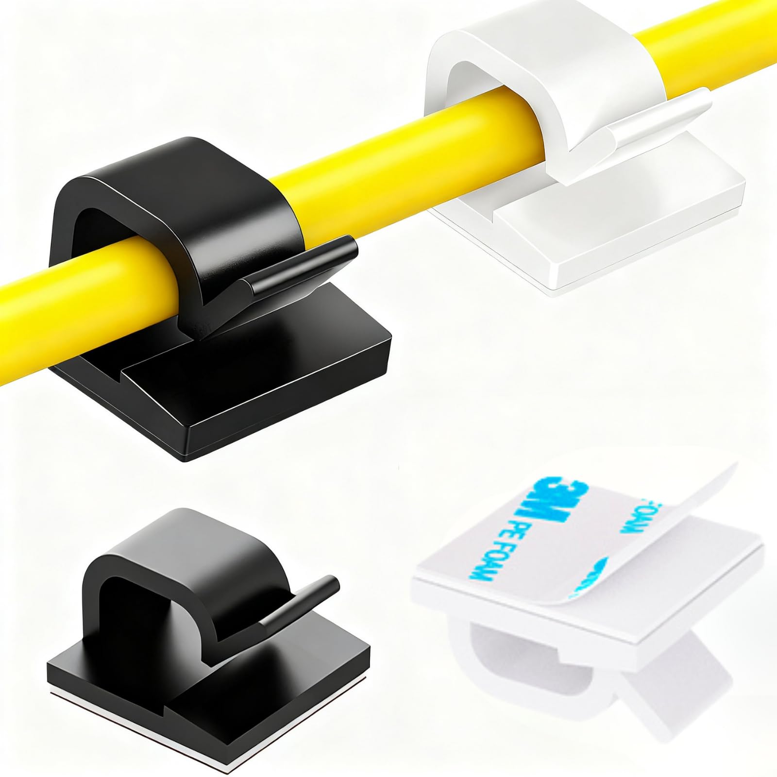 100 PCS Adhesive Cable Clips (Large, White&Black), Upgraded Wall Wire Holder Cord Organizer for Cable Management Under Desk, Hide Cable, Light Clips Hooks for LED, HDMI, Eetension Cord, Powder Cable