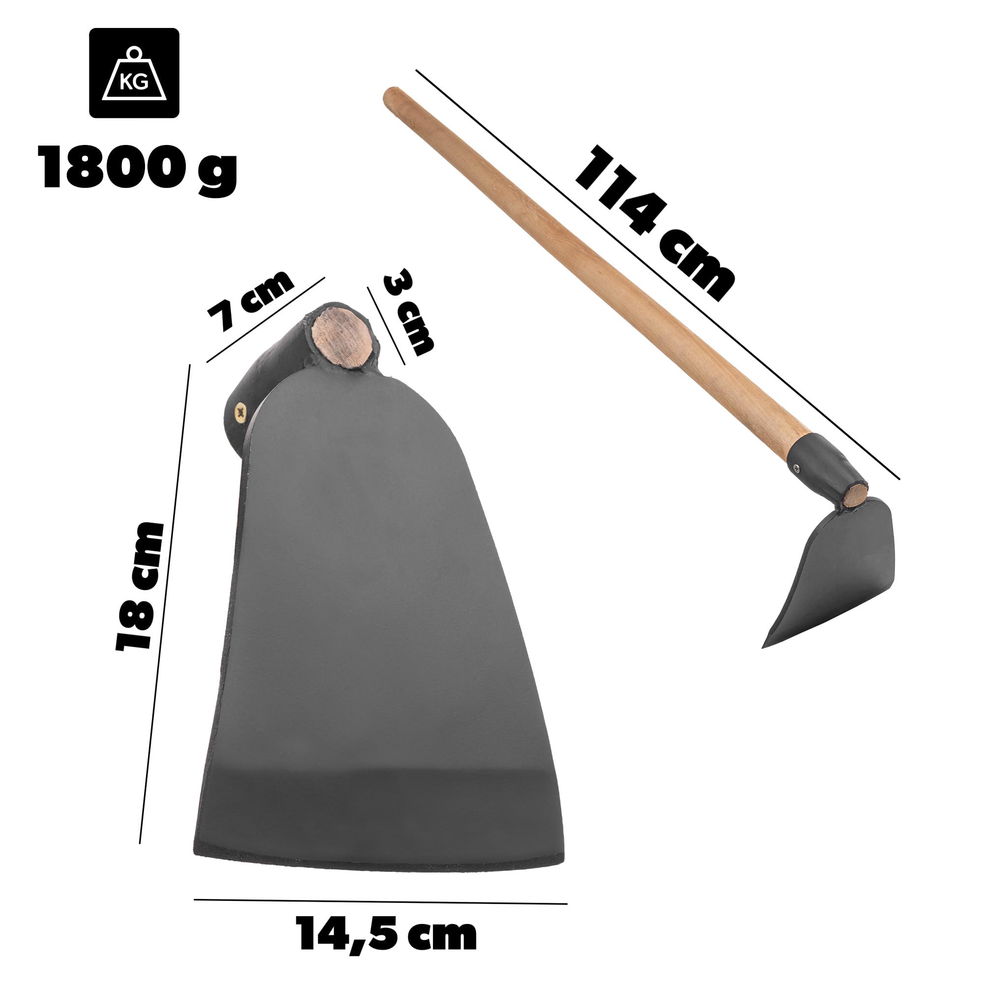 KADAX Gartenhacke mit langem Holzstiel und robustem Stahlblatt, Hacke aus geschmiedetem Stahl, Pflanzhacke für Gartenarbeit, Unkrauthacke (mit Stiel)