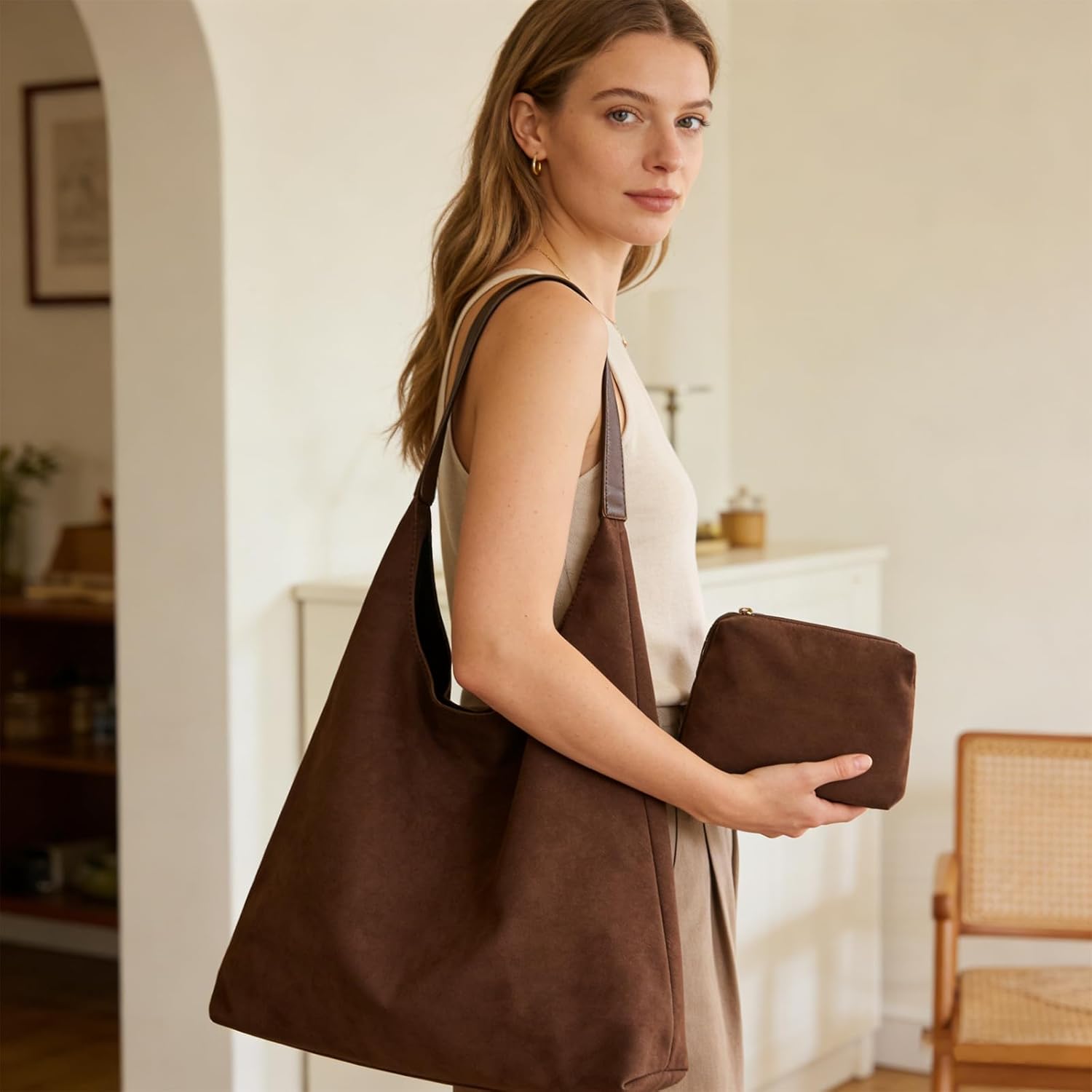 Women Suede Shoulder Tote Purse Hobo Crescent Bag Soft Casual Handbags for Work Travel College Fall Winter 2PCS - Image 2