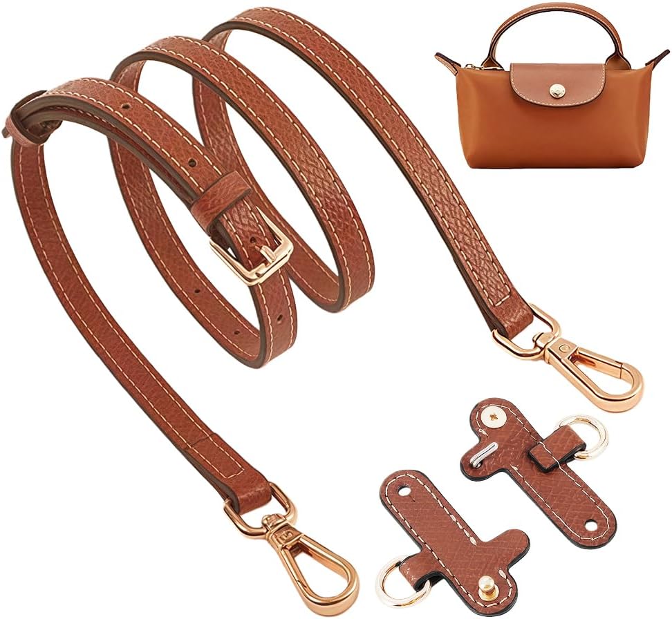 Chispee Leather Bag Shoulder Strap, Purse Straps Replacement Crossbody Adjustable Conversion Kit for Longchamp Mini Bag, Brown Gold, 6.5cm*1.5cm
