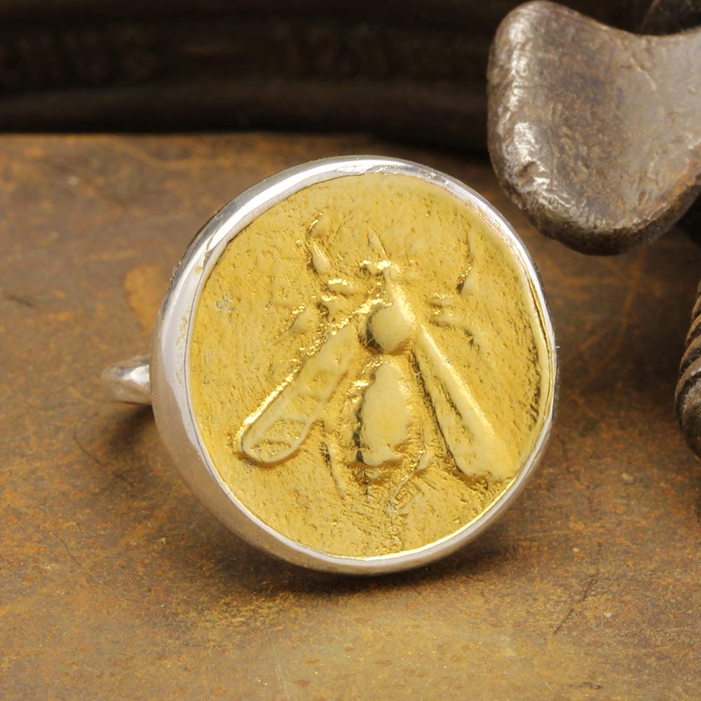 Caprixus Signet Ring 925 Sterling Silver Honey Bee Coin Ring 24K Gold Vermeil Designer Handmade Rings for Women Two Tone Bumblebee Ring Hammered Pinky Ring Turkish Fine Jewelry - Image 3