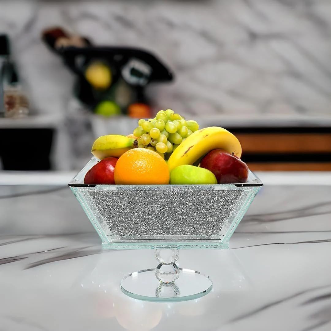 Corbeille à fruits en cristal extra large avec cadre en métal argenté de forme carrée