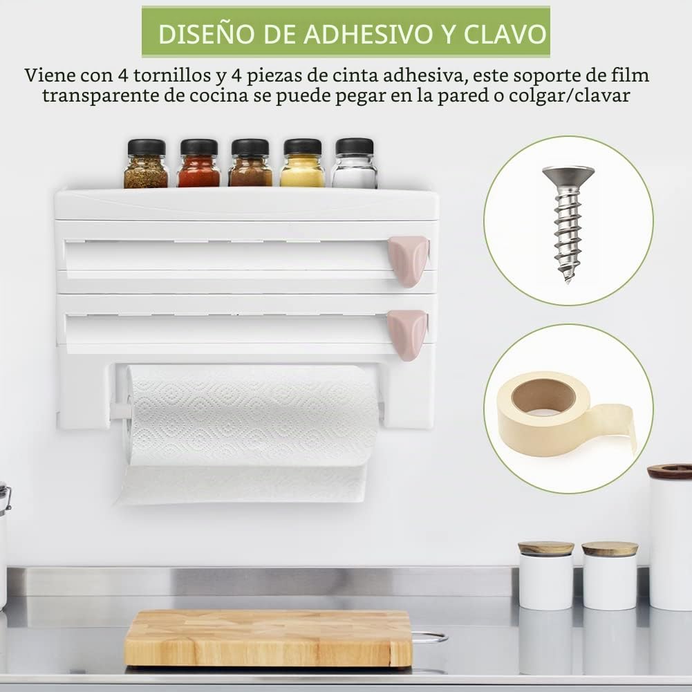 Soporte de película adhesiva de cocina, estante ergonómico para el hogar, estante de herramientas, 39 x 10 x 24 cm (blanco)