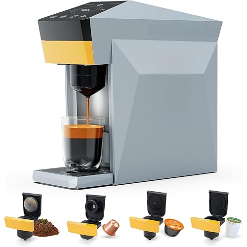 4 In 1 Single Server Coffee Maker, Mini Coffee Machine for Nespresso Original/K cups/Dolce Gusto Original/Ground Coffee, 19 Bar Espresso Machine Fit for Home Office Matte Grey