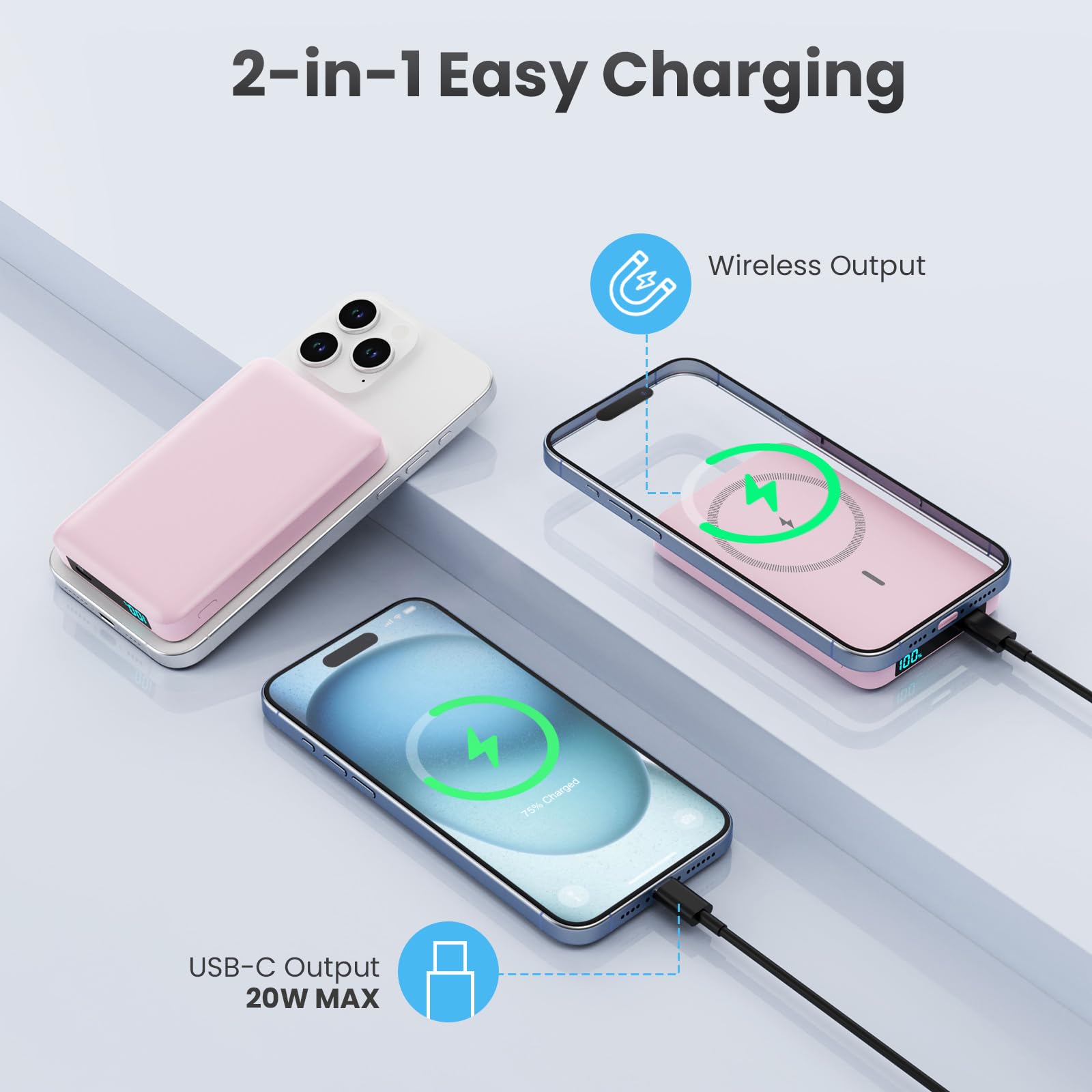 HETP Magnetico Power Bank, 10800mAh Caricabatterie Portatile Wireless PD 20W USB-C Ingresso/Uscita Ricarica Rapida Powerbank con Display LED Compatibile con Magsafe iPhone 15/14/13/12 Serie - Rosa