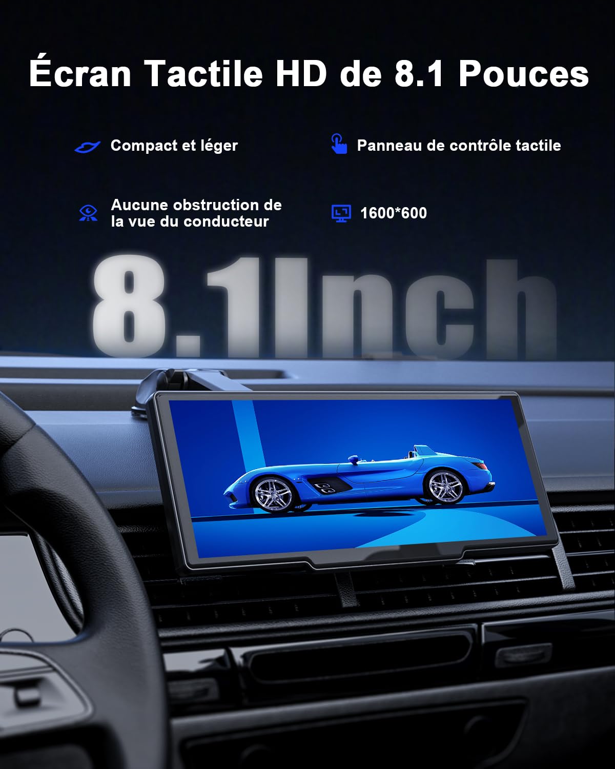Avylet 8,1'' Apple Carplay Voiture pour avec Caméra de Recul, Écran Tactile | Portable, Navigation GPS, Contrôle Vocal Google/Siri, Android Auto, Bluetooth, AUX/FM, Mirror Link, OTA, 21.3*2.5*8.7cm