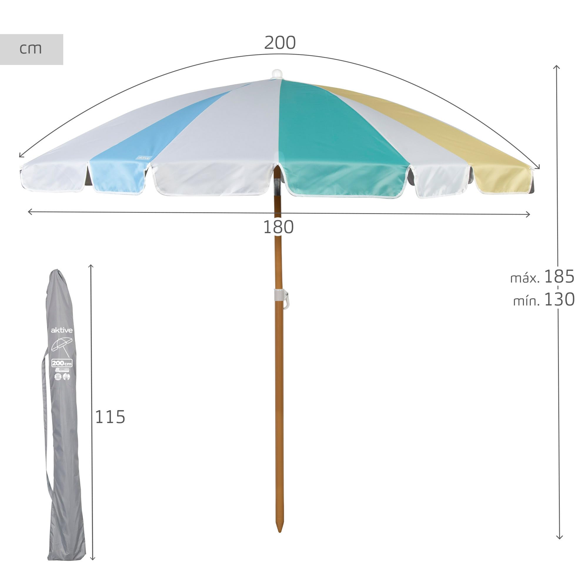 AKTIVE Parasol plażowy 8 żeber 200 cm tęczowy drążek przechylny maszt ochrona UV50 pręty z włókna szklanego 28/32 mm ze stalowym uchwytem do przenoszenia, wiatroszczelny (62430), tęcza, 200 cm