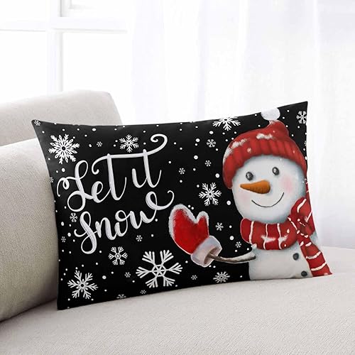 Fundas de almohada de muñeco de nieve de Navidad, funda de almohada larga de lino, diseño de copos de nieve de invierno clásico, negro, protector de