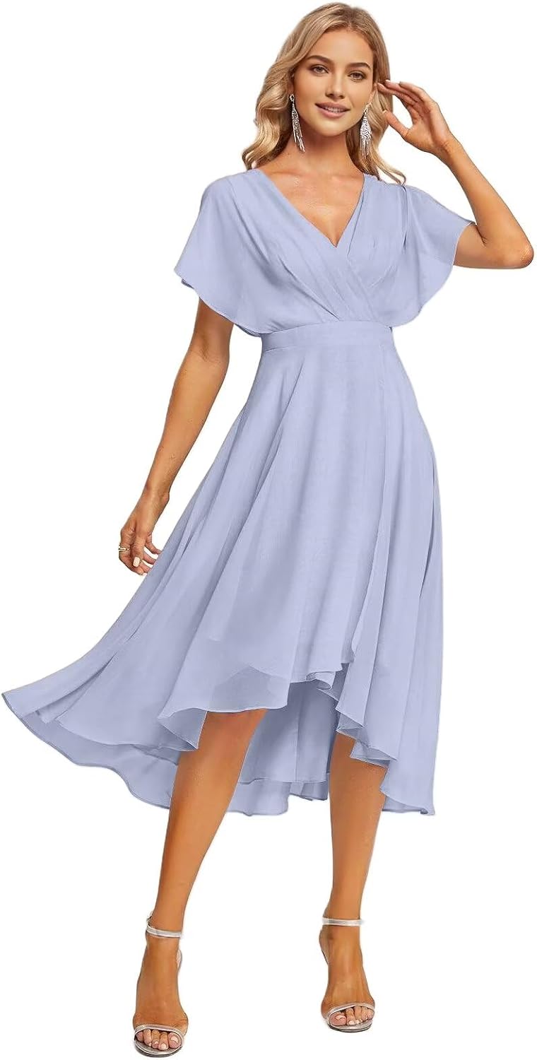 SNOWROSE Short Bridesmaid Dresses for Women V Neck Ruched Chiffon Formal Dress Ruffled Sleeve Wedding Party Gowns